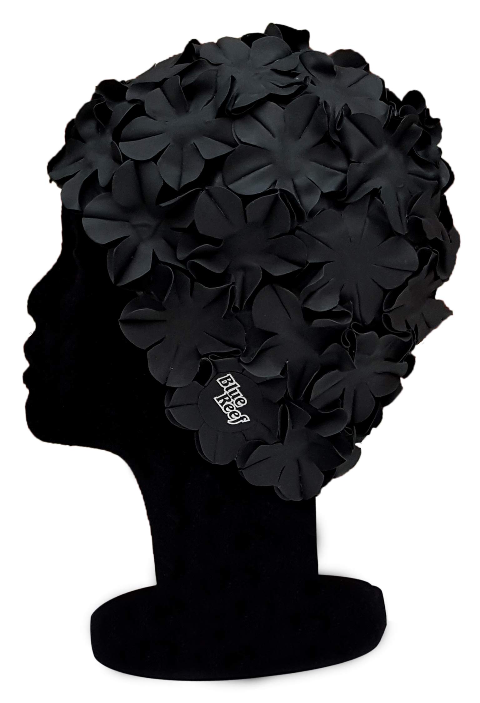 Blue Reef Isla Floral Ladies Classic Retro 3D Flower Petal Dark Plain One Colour Stylish Vintage Swimming Hat Swim Cap Generous One Size Adults (Black)