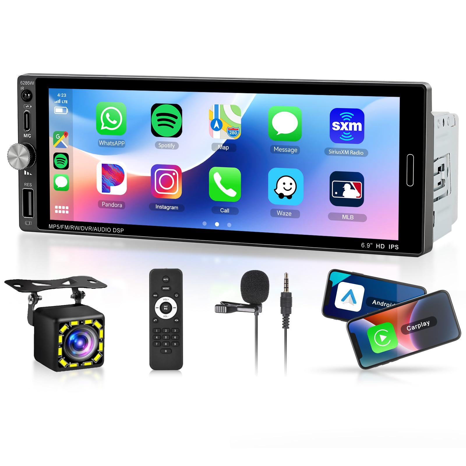 Photo 1 of Single Din Car Stereo with Wireless Carplay Android Auto-2025 Upgraded Bluetooth 5.2 Type-C Dual Mic 6.9 Inch IPS Touch Screen Car Radio with Backup Camera Mirror Link FM USB EQ SWC