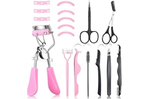 BENCAILOR 17 Pcs Eyelash Curlers Kit Lash Curler Eyelash Comb Seperator Extension Tweezers Eyebrow Brush Scissors False Eyelashes Applicator Eyebrow Trimmer Silicone Refills Pads for Women(Pink)