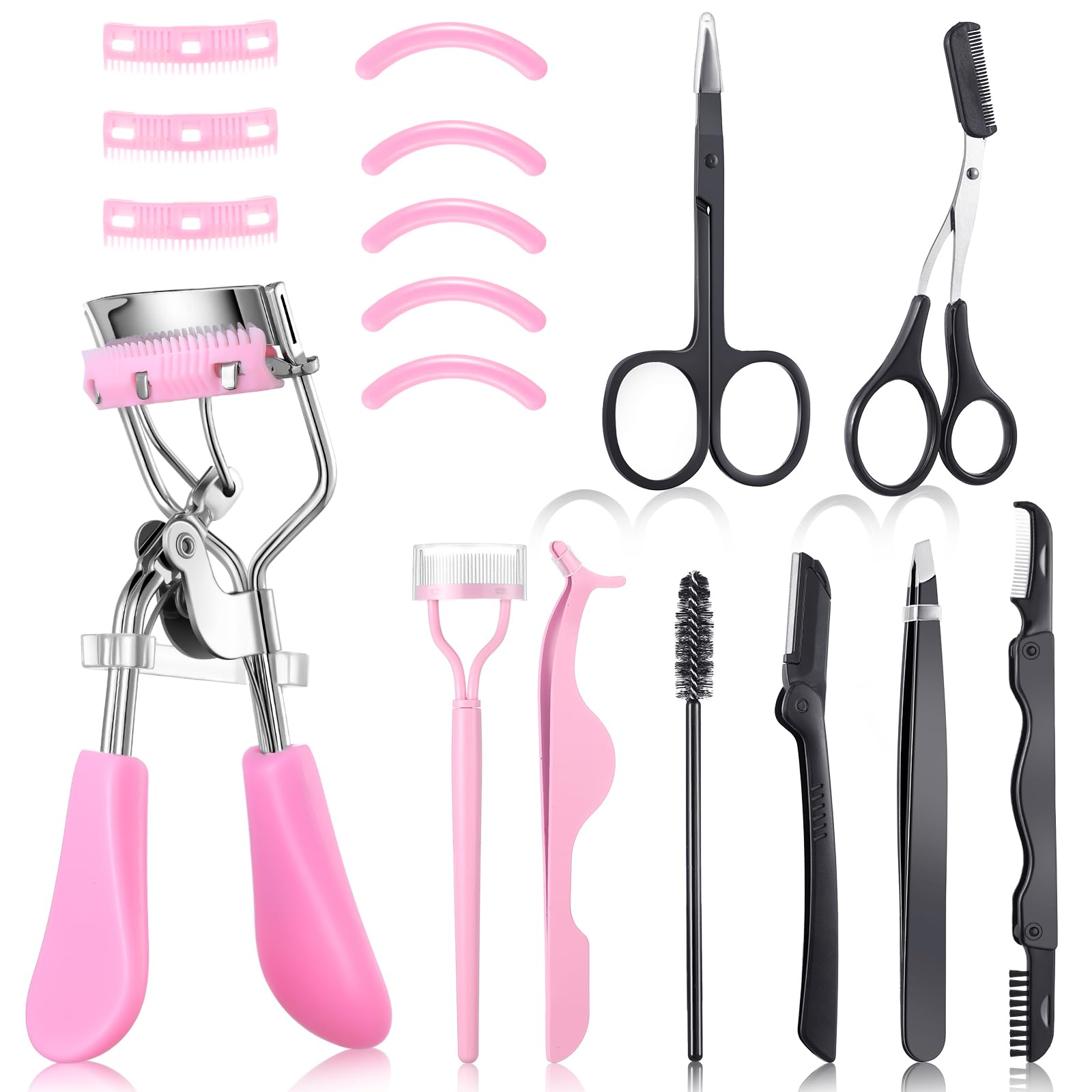 Photo 1 of 17 Pcs Eyelash Curlers Kit Lash Curler Eyelash Comb Seperator Extension Tweezers Eyebrow Brush Scissors False Eyelashes Applicator Eyebrow Trimmer Silicone Refills Pads for Women(Pink)