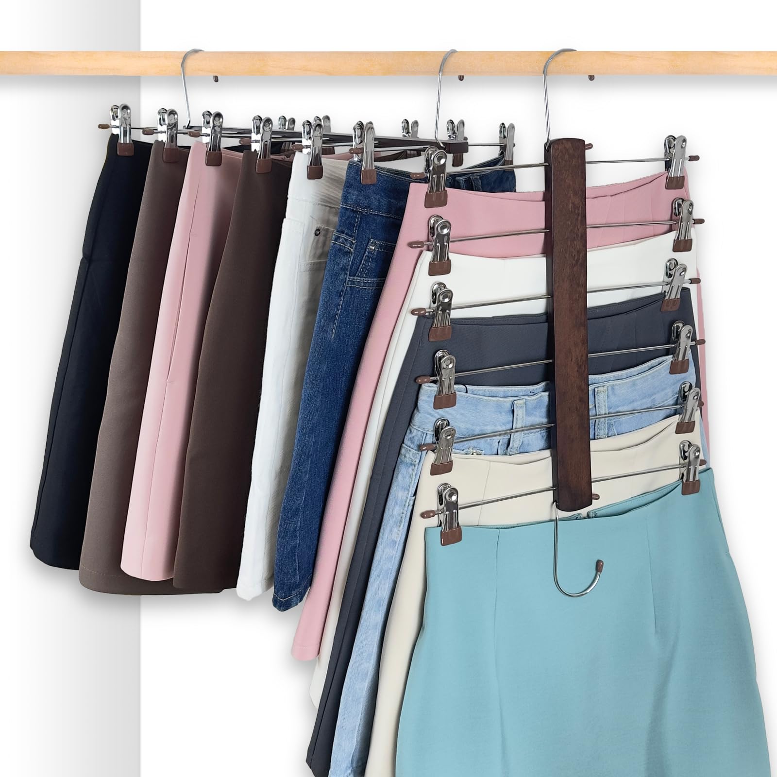 Skirt Hangers Space Saving,6 Tier Closet Organizers & Storage,Wooden Magic Hanger & Hanger with Clips,Pants-Hangers-Space-Saving for Hanging Pants Shorts Scarf Jeans（4 Piece）