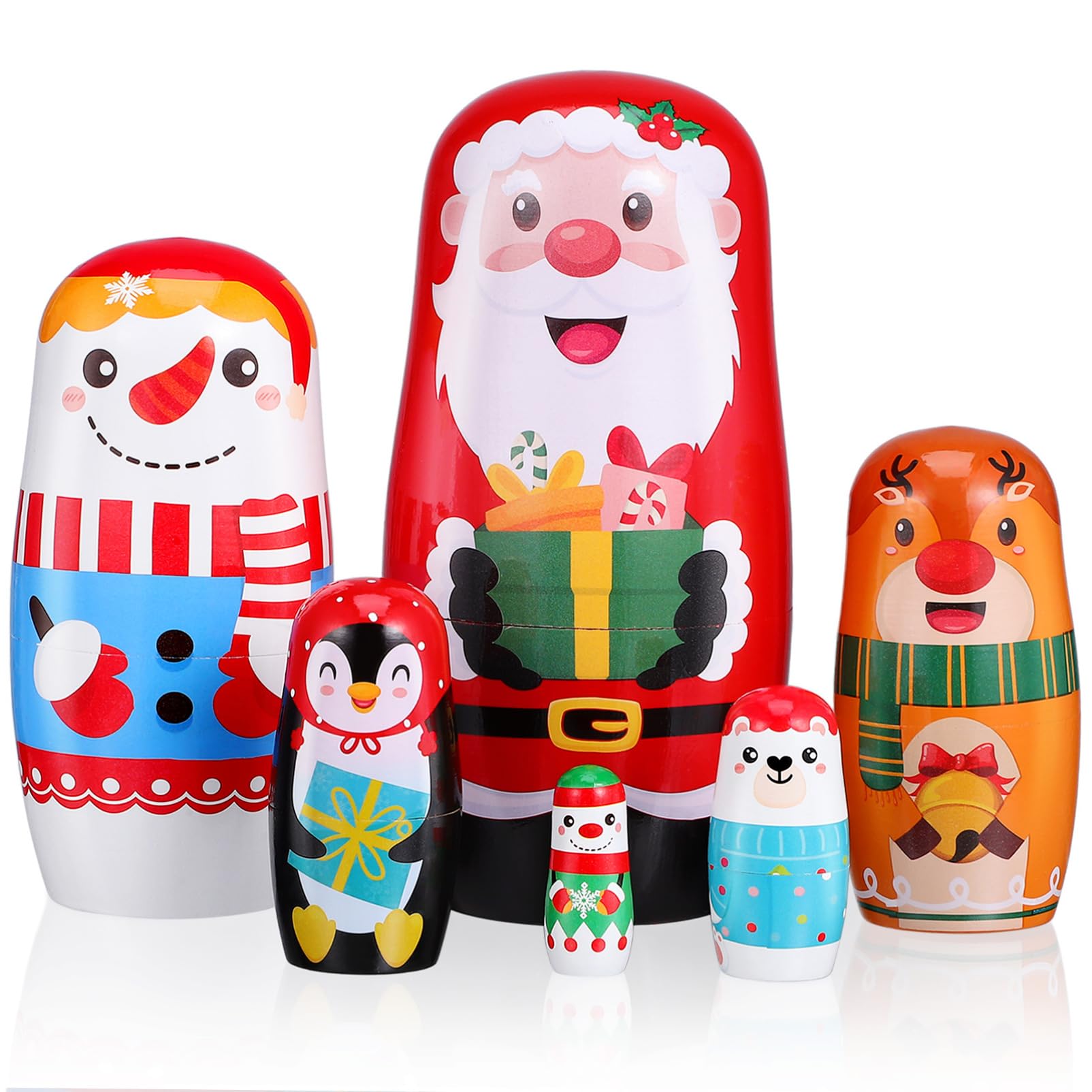 DEARMAMY 6pcs Russian Nesting Dolls Wooden Handmade Matryoshka Dolls For Children Cute Cartoon Nesting Dolls For Kids Snowman Santa Claus Theme Christmas Toys