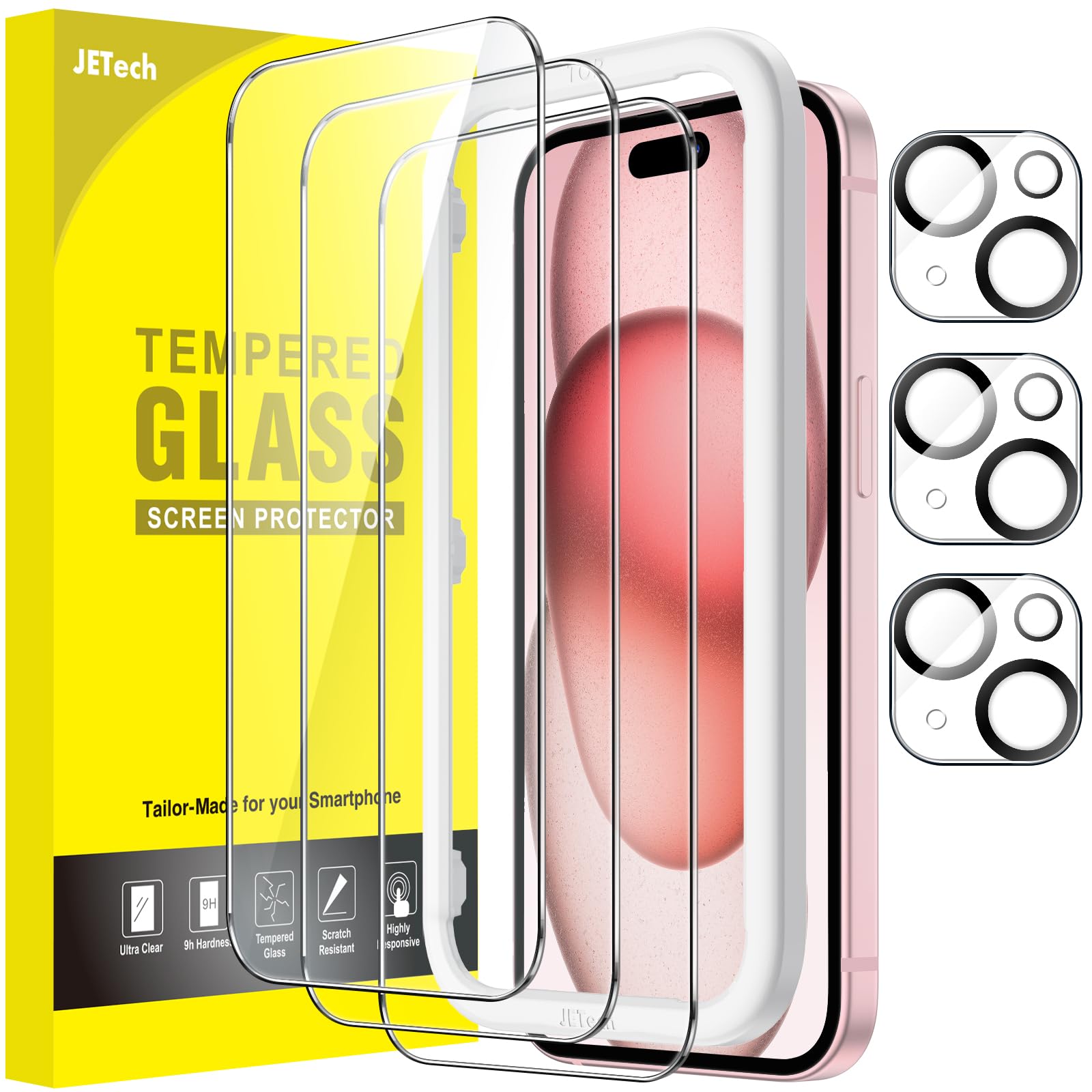 JETech Screen Protector for iPhone 15 6.1-Inch with Camera Lens Protector, Bubble Free, Easy Installation Tool, Tempered Glass Film, HD Clear, 3-Pack Each