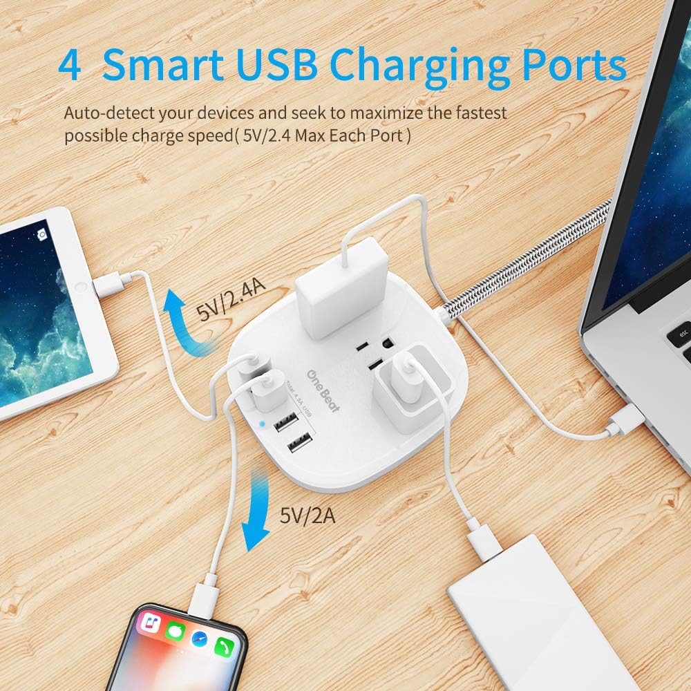 Desktop Power Strip with 3 Outlet 4 USB Ports 4.5A, Flat Plug and 5 ft Long Braided Extension Cords for Cruise Ship Travel Home Office, ETL Listed, White: Electronics