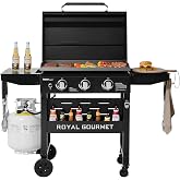Royal Gourmet 3-Burner Gas Griddle with Hood, Collapsible Side Shelves | GB3000PB Propane Griddle with 39,000 BTU, 492 Sq. In., Electronic Ignition, Swivel Wheels with Brakes, Outdoor Cooking, Black