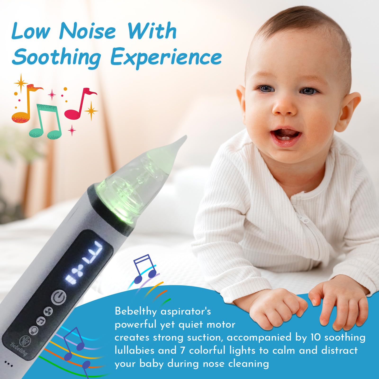 Nasal Aspirator for Baby, Electric Nose Sucker for Baby with Large Suction Flow, Lights and Music, Rechargeable, Aspirador Nasal para Bebes, with 3 Silicone Tips, Booger Tweezer, and Cleaning Brush