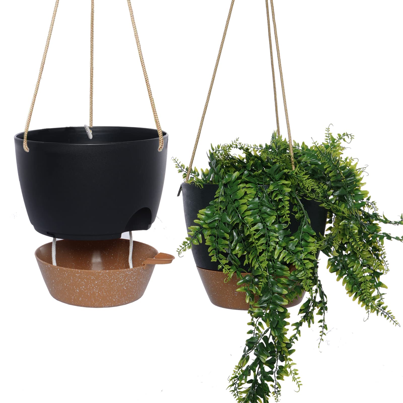 Photo 1 of SwinDuck 10 Inch Self Watering Hanging Pots, 2 Pack Hanging Planters with 40oZ Deep Reservior for Indoor Outdoor Plants Flowers, Black with Brown