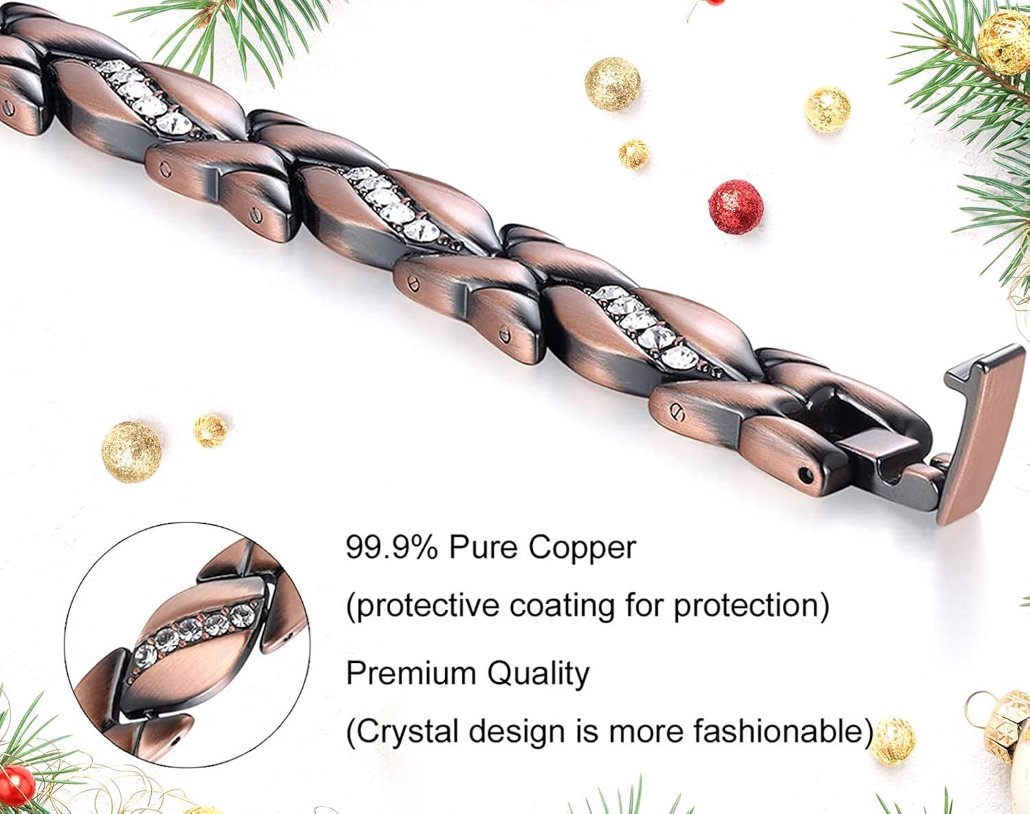 Jecanori Copper Bracelet for Women Magnetic Therapy Bracelets Pain Relief For Arthritis and Carpal Tunnel Syndrome with 3500 Gauss Magnets,7.8 Inch Adjustable Crystal Bracelets: Clothing