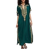 Women Embroidery Golden V Neck Arabic Dubai Kaftan Casual Beach Wear Cover Up Side Split Long Dress Green