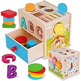 FCSONU Toddlers Montessori Toys for 1 2 3 Year Old Girls Boys, Wooden Baby Montessori Coin Box Toys for Toddlers 1-3, Shape S