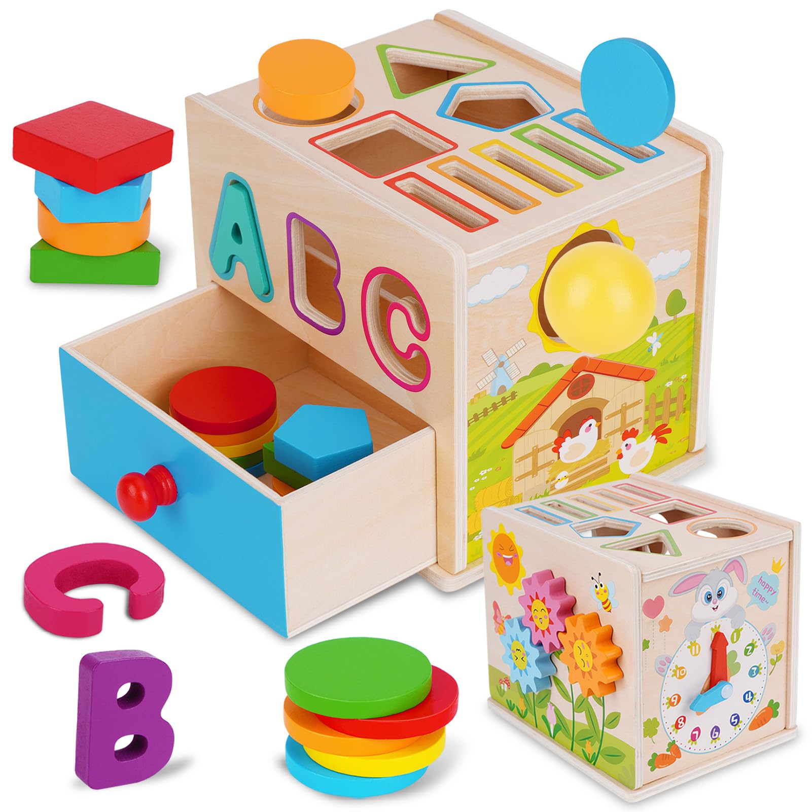 FCSONU Toddlers Montessori Toys for 1 2 3 Year Old Boys Girls, Wooden Baby Montessori Coin Box Toys for Toddlers 1-3, Shape Sorting Sensory Toys for Ages 2-3, Christmas & 1st Birthday Gifts for Kids