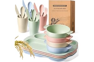 HONOSON 24 Pcs Wheat Straw Dinnerware Cutlery Set for Aldult Including Divided Plates Microwave Dishwasher Safe Bowl Unbreakable Tableware Straw Cutlery Spoon Knife Fork(Beige/pink/green/blue)