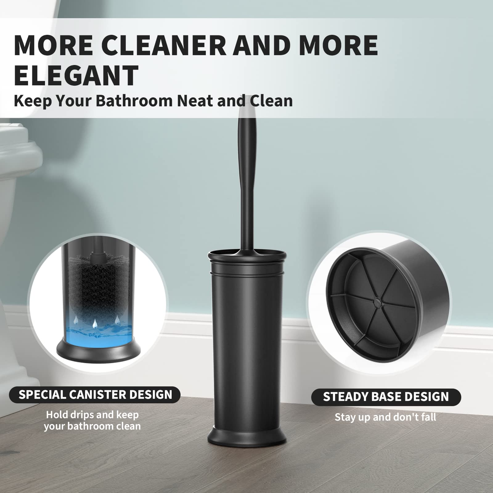 UPTRONIC Toilet Brush, Toilet Bowl Brush with Extra Long Handle Durable Bristles Toilet Scrubber and Covered Holder for Toilet Brush Set for Bathroom Cleaning (Black, 1 Set)