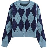 CUFEZN Womens Argyle Preppy Cardigan Sweater Casual Long Sleeve Button Down Color Block Knit Cardigan Spring Fall Knitwears