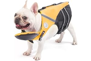Petglad French Bulldog Life Jacket, Life Vest with Chin Float Rescue Handle for Corgi Pug, Adjustable High Visibility Flotation Swim Vest for Swimming Boating (Yellow)