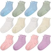Jeyiour 12 Pairs Toddler Ruffle Grip Socks Baby Newborn Gift Girls Cotton Non-Slip Frilly Anti-Skid Cute Socks 0-24 Months