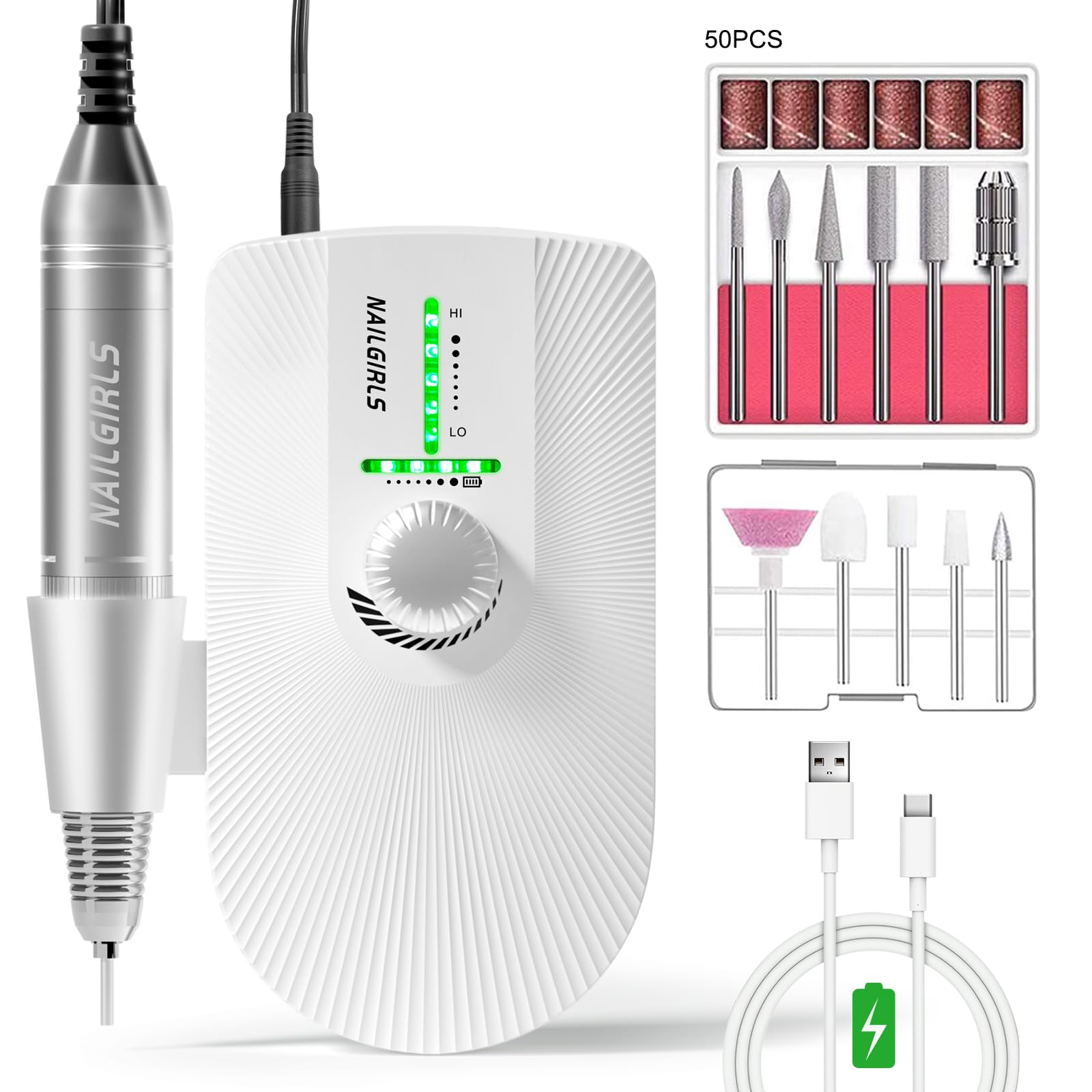 NAILGIRLS Cordless Electric Nail Files, T18 Professional Rechargeable Nail Drill 35000 RPM, Portable E File Kit for Acrylic Gel Nails Manicure Salon Home, White