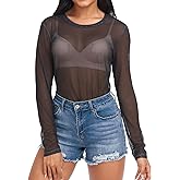 JULYTO Women's Mesh Long Sleeve Top Trendy Sheer Tops See Through Shirt Tops S-2XL