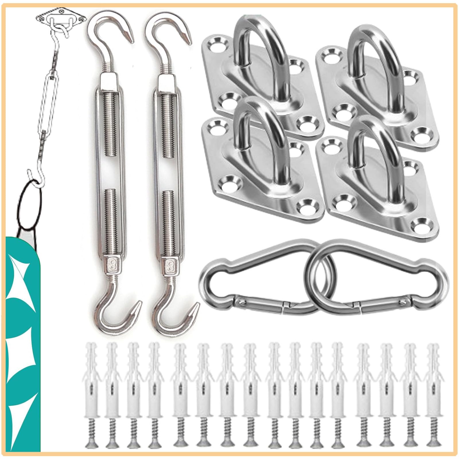 Awning Fixing, Awning Mounting Set, 304 Stainless Steel Awning Mounting Set, Awnings Mounting Assembly, for Secure Mounting of Square and Triangular Solar Sails
