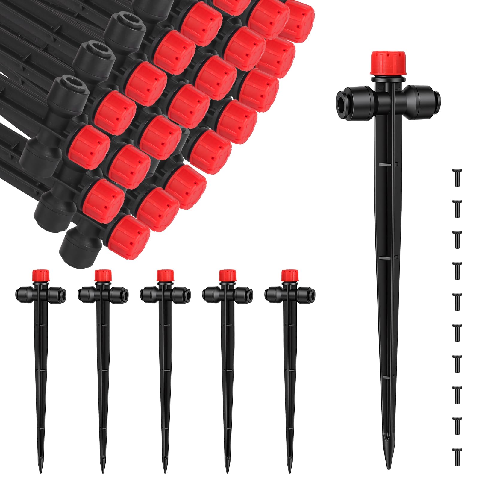 25 Pcs Water Irrigation Drippers, MSDADA Adjustable 360 Degree 8 Holes Irrigation Drip Drippers, Micro Drip Emitters with Stake, Watering System Accessories Fit for 1/4''(4-7mm) Garden Hose(Red)