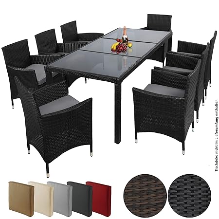 BB Sport 17-teilige Polyrattan Essgruppe für 8 Personen inkl. Sitzpolster und Bezüge, Farbe:Titan-Schwarz/Kieselstrand