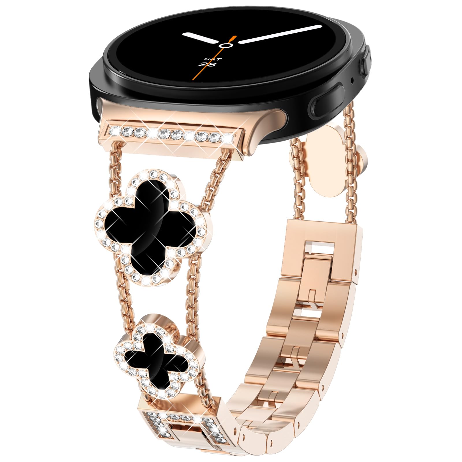 WINGLE Compatible for Galaxy Watch 8 Band Samsung Galaxy Watch 8 Classic Band 40mm 44mm 46mm, Four/4 Leaf Clover Bling Sparkling Diamond Rhinestone Bracelet Women Galaxy Watch8 Bands Rose Gold/Black