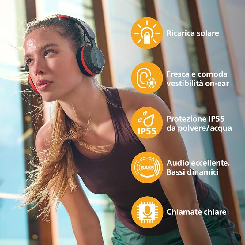 TAA6219BK Serie 6000 Over Ear Cuffie Bluetooth sportive autoalimentate ad energia solare, riserva di batteria di 80 ore ideale per allenamenti, corsa e altri sport - Nero e Rosso