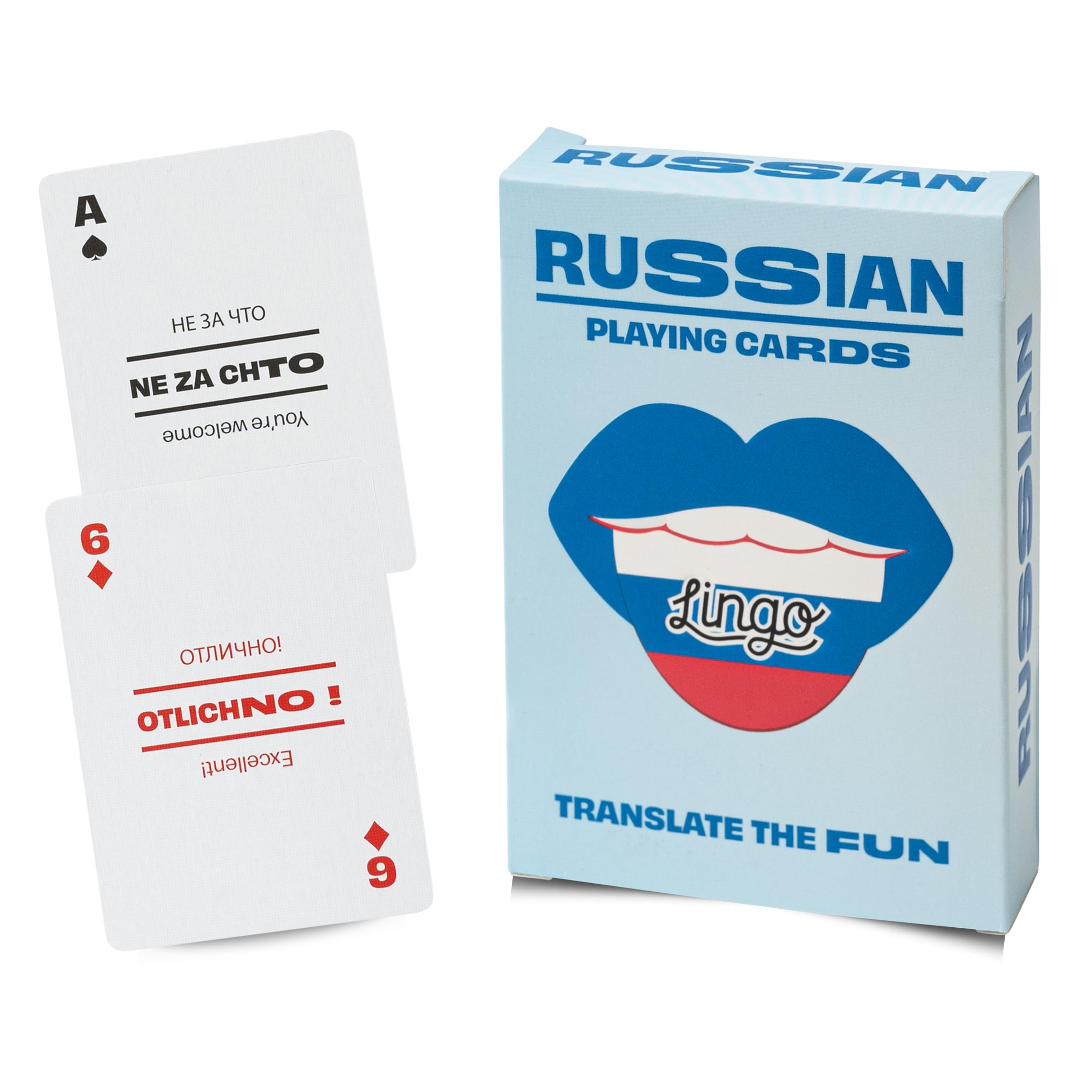 Lingo Playing Cards | Language Learning Game Set | Fun Visual Flashcard Deck to Increase Vocabulary and Pronunciation Skills - 54 Useful Phrases (Russian)