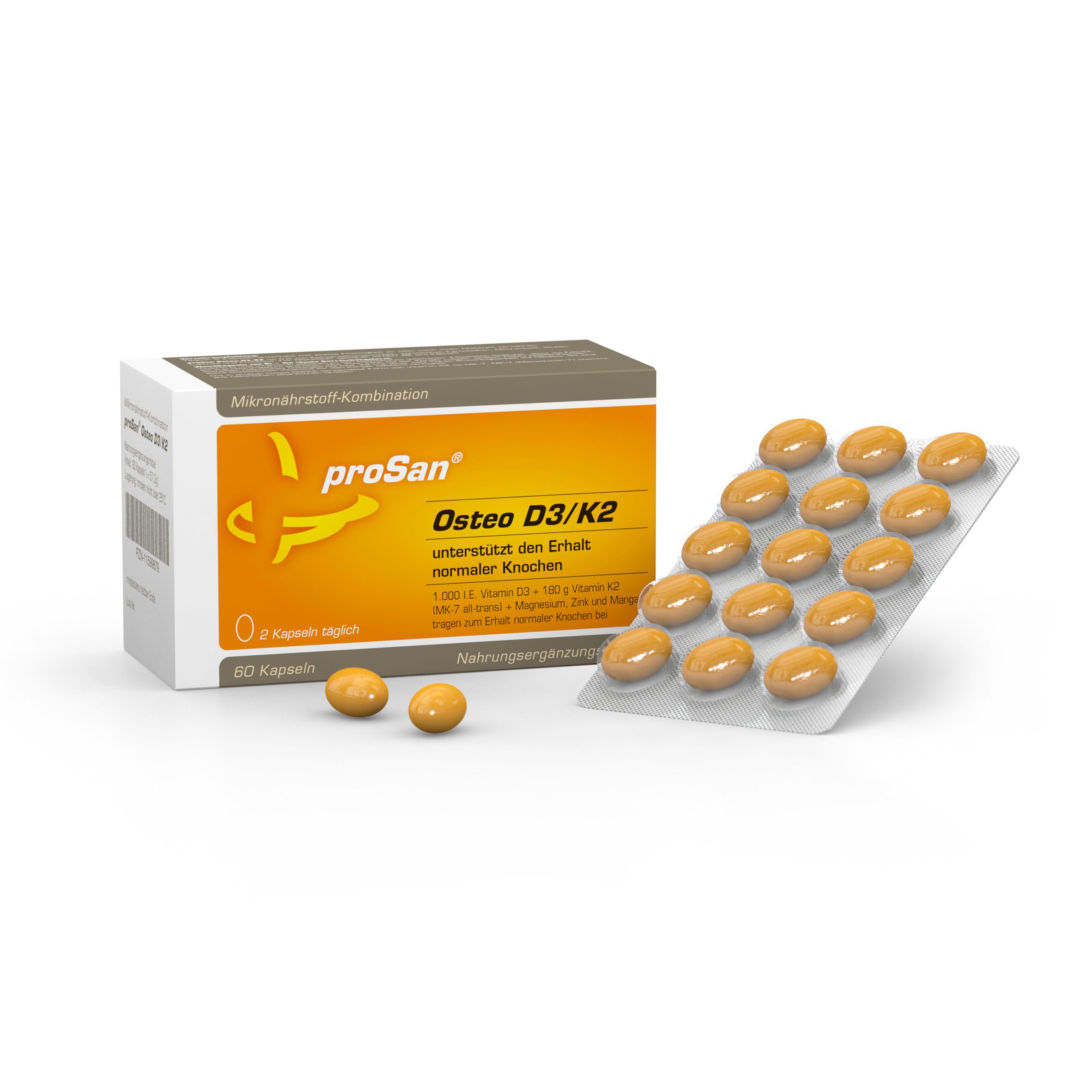 proSan Osteo D3/K2 (60 Kapseln) | Vitamin D3 + Vitamin K2 + Calcium + Magnesium zur Erhaltung normaler Knochen + weitere Mikronährstoffe | gut zu kombinieren mit allen Medikamenten gegen Osteoporose