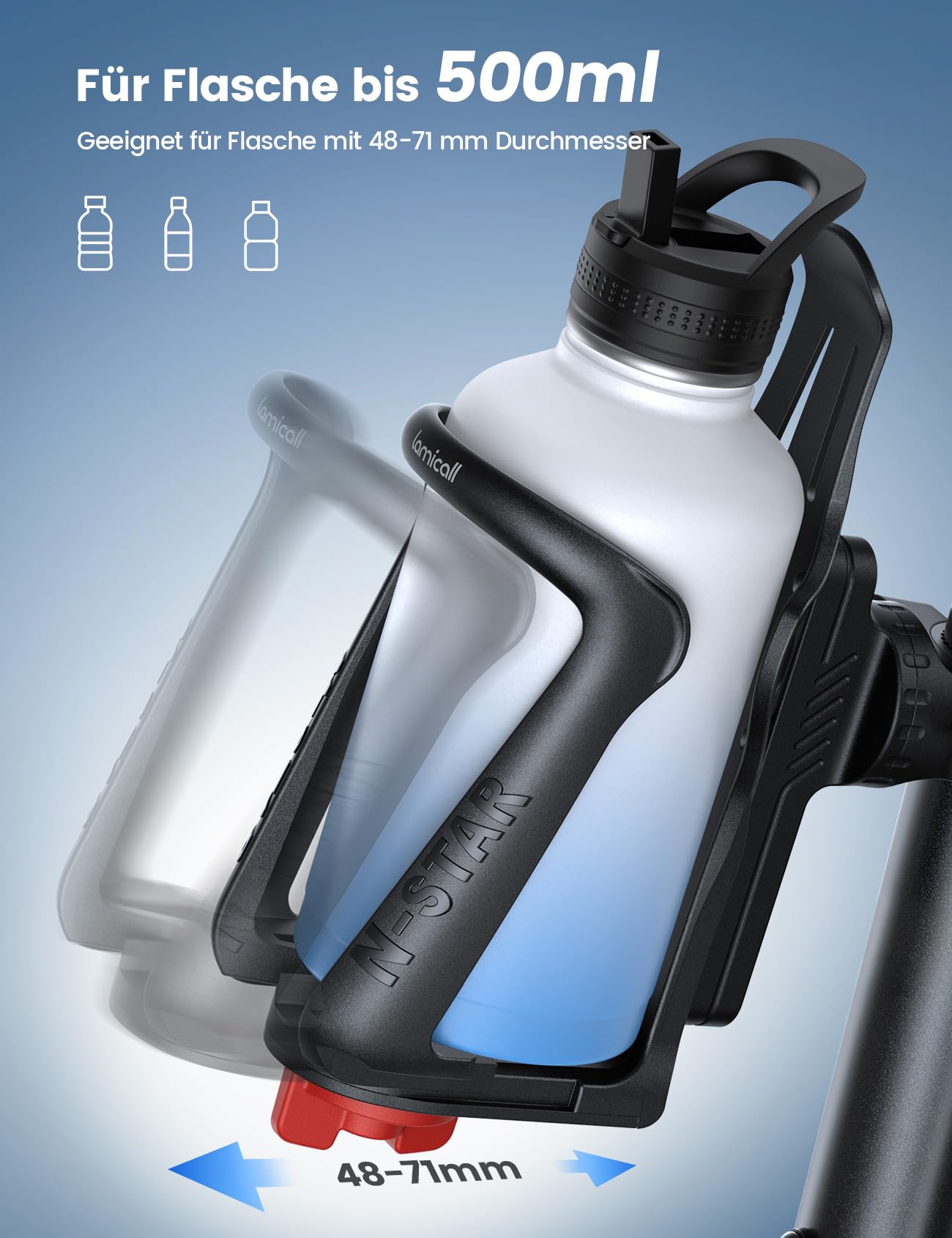 Lamicall Flaschenhalter Fahrrad Getränkehalter Motorrad - [Für Flaschen mit 48-71mm Durchmesser & Max. 500ML] Trinkflaschen Halterung für Ebike, MTB, Kinderwagen, Flaschenhalterung für Rahmen & Lenker 2
