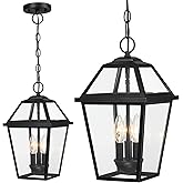 SNRU Modern 3-Light Large Outdoor Pendant Light for Porch, 16" Matte Black Exterior Hanging Light Fixture, IP65 Waterproof An