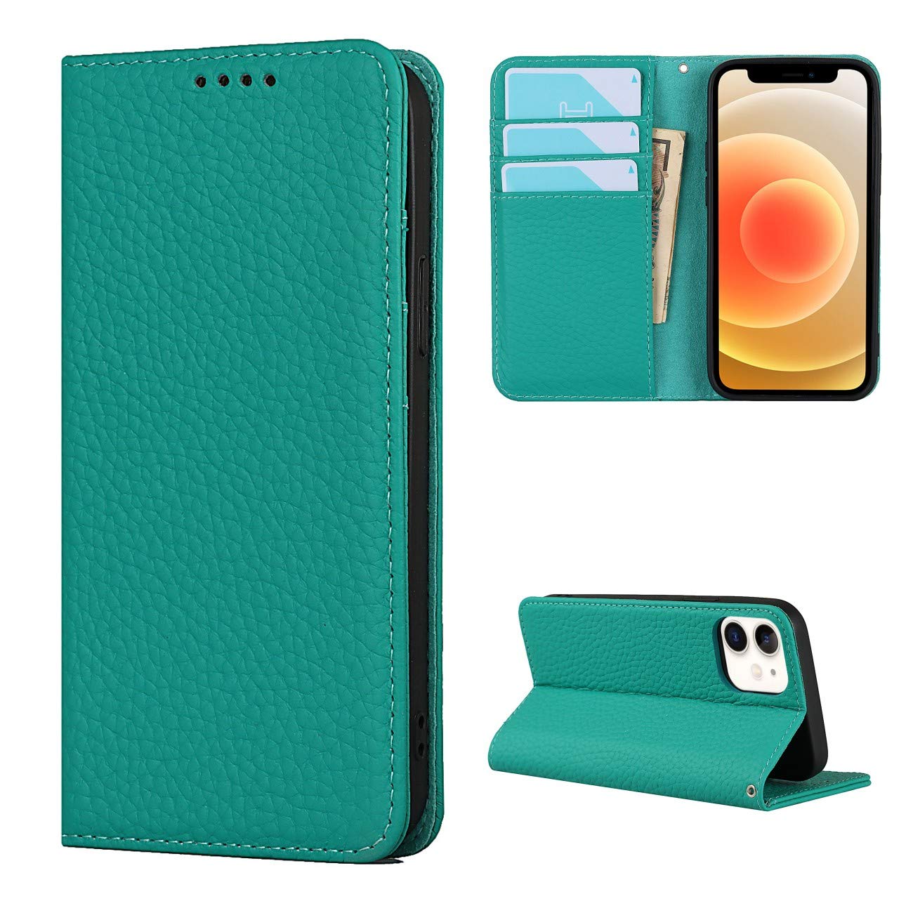 Copmob Phone Case iPhone 12 Mini,Flip Genuine Leather Wallet Case,[4 Slots][Magnetic closure][With Lanyard],Protective Cover Case for iPhone 12 Mini - Sky Blue