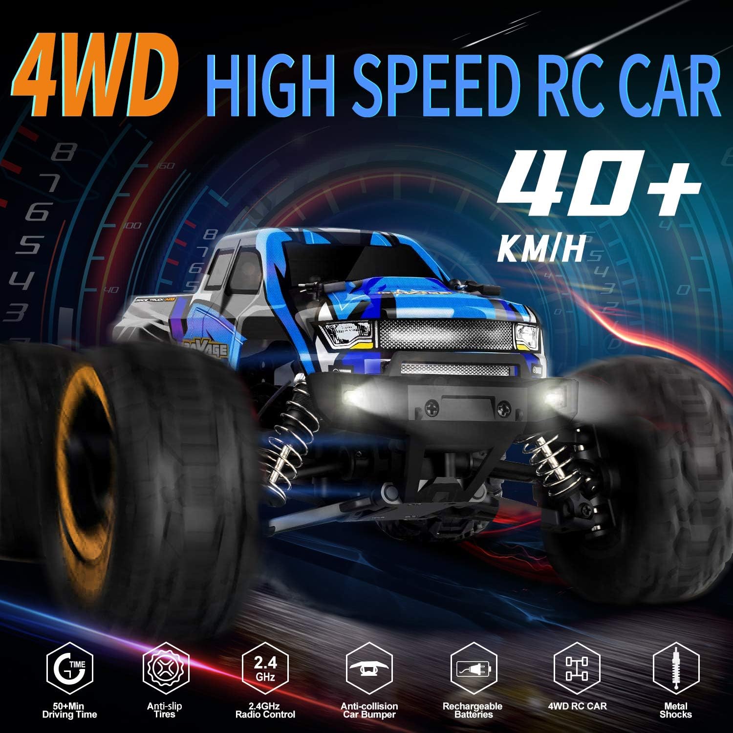 RC Cars, Fcoreey RC Truck 1:16 Remote Control Car for Boys, 40Km/h High Speed Racing Car, 2.4 GHz 4x4 Off Road Monster Truck, Electric Vehicle with LEDs, Hobby Car Toy Gift for Adult Kid Girl: Toys & Games