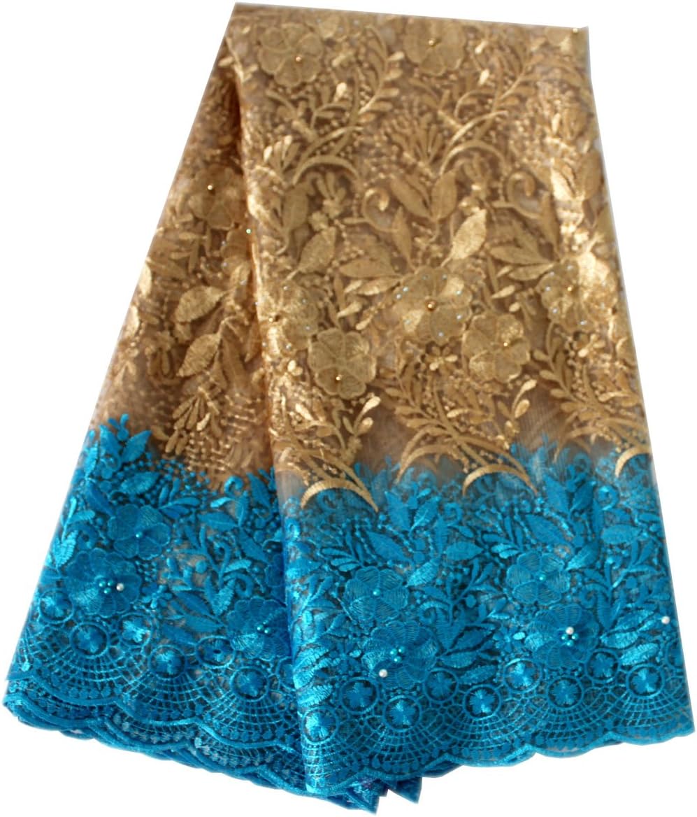 Lacerain 5 Yards African lace Fabric Embroidered lace Fabric African Embroidery Material Wedding Dress Shirt Skirt (Blue and Yellow)