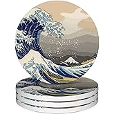 Japanese Style Waves Round 4" Cup Coasters Set of 4, Absorbent Ceramic Coasters with with Cork Backing, Table Home Decor, Gifts for Women Men