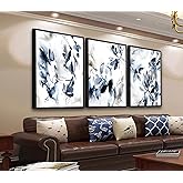 Large Framed Canvas Wall Art - Abstract Floral Wall Decor, Navy Blue Flowers Pictures, Ink Wash Botanical Painting Prints for Living Room Bedroom Office Bathroom Artwork 16" X 24" X 3