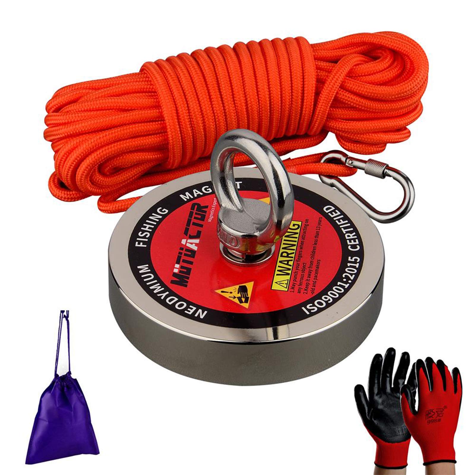 MUTUACTOR 500kg Neodymium Pull-Force Fishing Magnet, N52 Powerful Reminder Magnet with Durable Rope, Gloves and Carry Bag, Robust Magnetic Recovery Tool