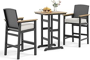 SUNSHINE VALLEY Outdoor Bar Set 3 Piece, All Weather HDPE High Top Table and Wicker Bar Chairs with 3.2” Cushion, Bar Height Patio Set for Backyard Poolside, Black