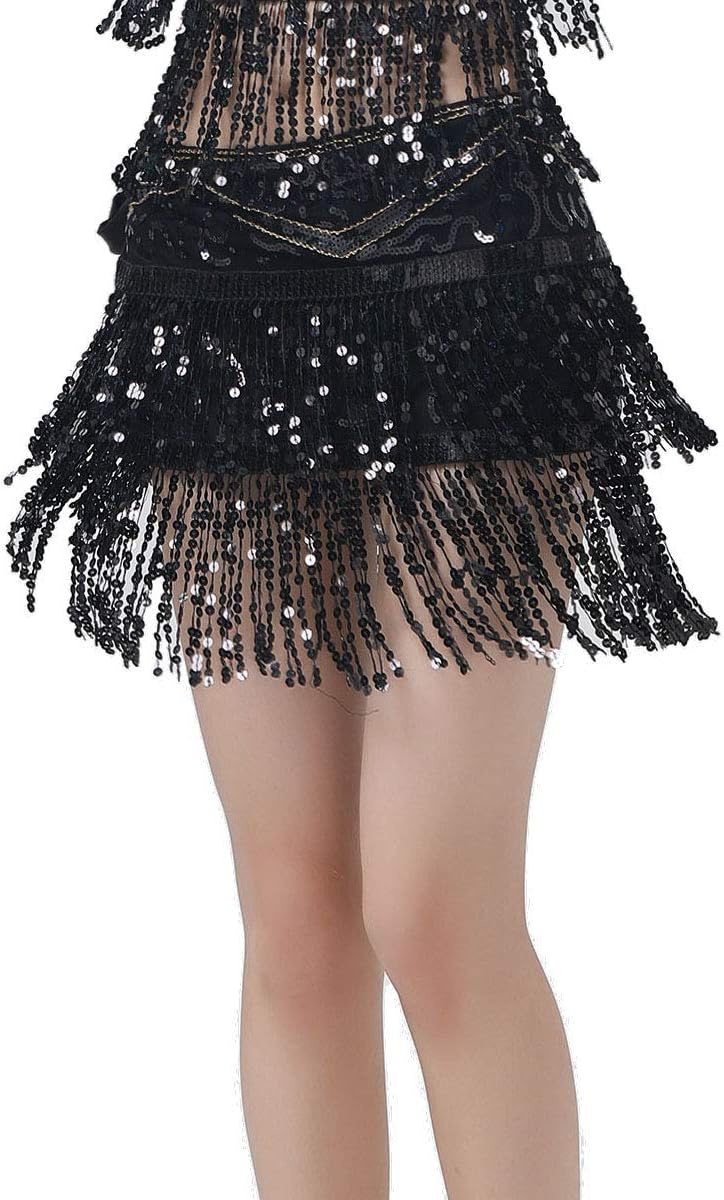 Women's Belly Dance Hip Scarf with Double Rows of Sequins Fringe