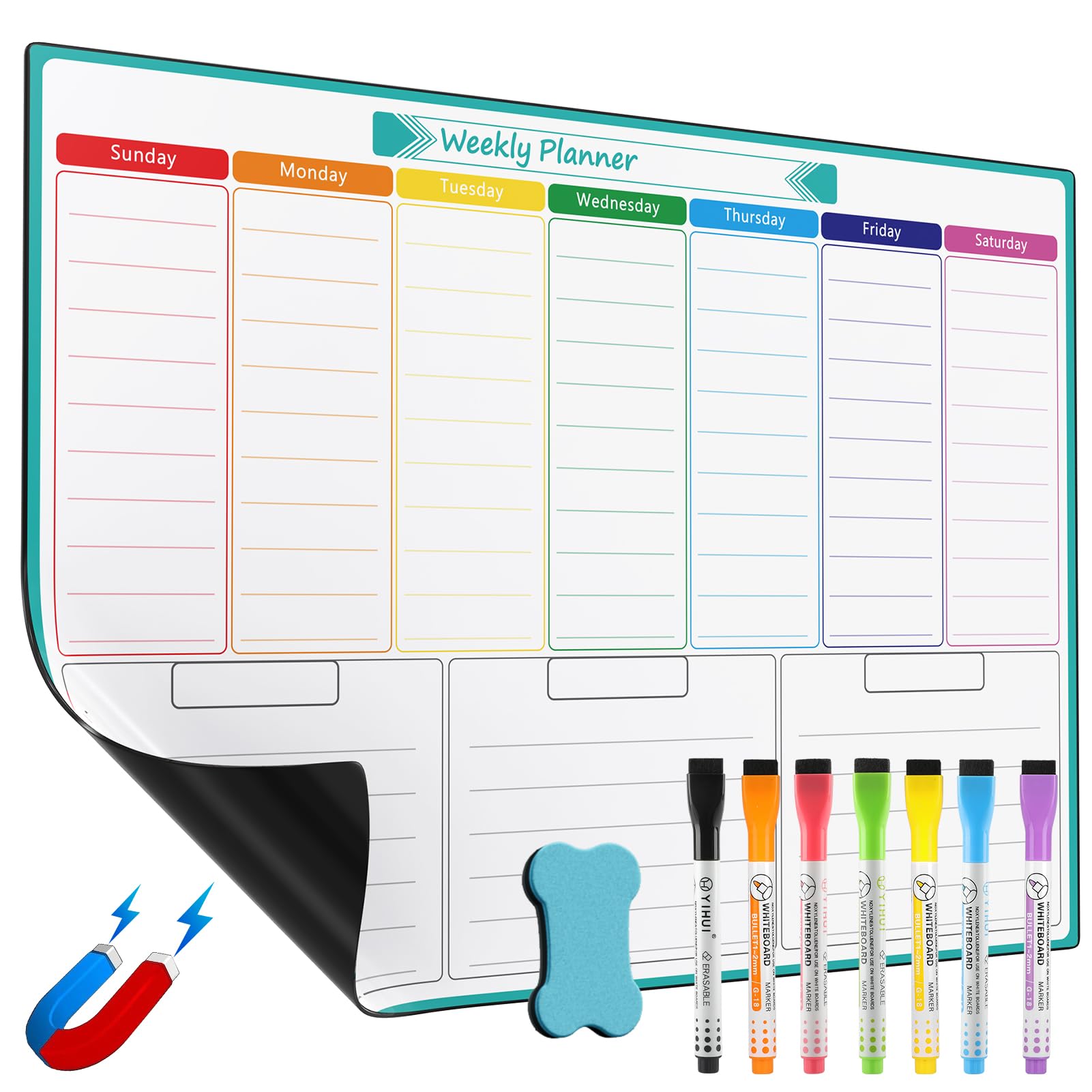 KTRIO A3 Magnetic Weekly Planner for Household, Shopping List, Food and Fitness Planning. Wet & Dry Erase Whiteboard with 7 Markers and Hanging Sponge