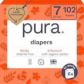 Pura Size 7 Eco-Friendly Diapers (33+lbs) Hypoallergenic, TCF, Soft Organic Cotton, Sustainable, up to 12 Hours Leak Protection, Allergy UK, Recyclable Paper Packaging, 6 Packs of 17 (102 Diapers)