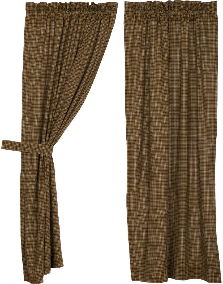 VHC Brands Tea Cabin Rustic 63"x36" Green Plaid Panel Pair Rod Pocket Cotton Tie Back(s) Window Curtains