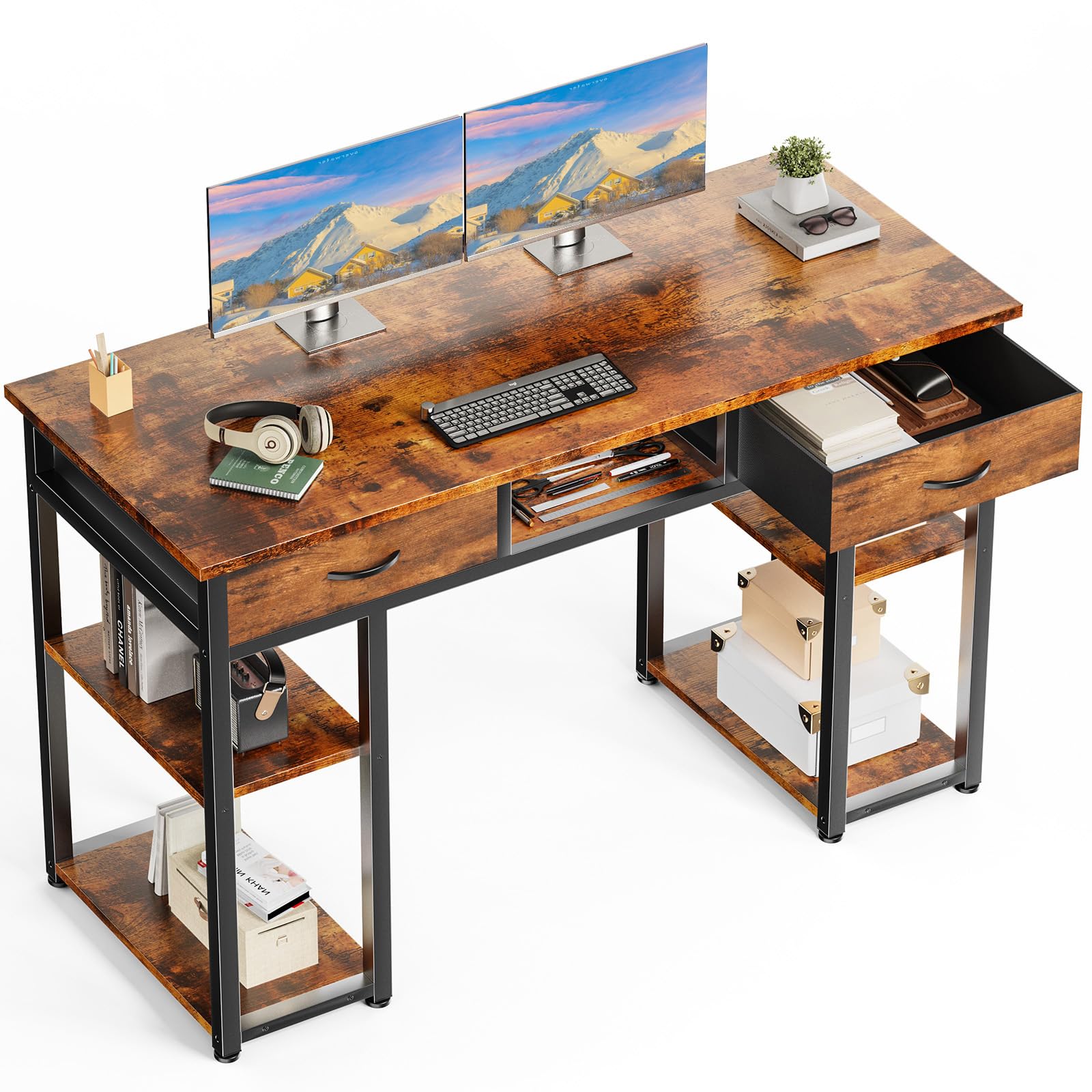 DUMOS 48" Small Computer Home Office Desk for Bedroom with Drawers, Gaming Writing Study Table with Storage Shelf, Adjustable Feet, Metal Frame Natural Brown Image