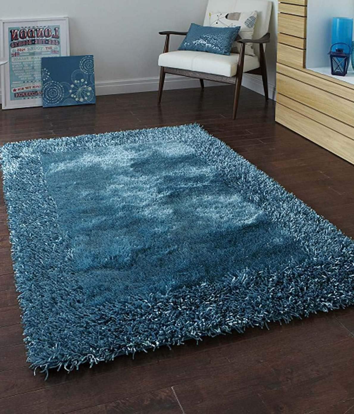 Fresh From Loom Modern Plain Polyester Shaggy Fur Rugs and Carpets for living Room, Hall,5x7-feet(Aqua)