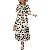 Dokotoo Women's Smocked Waist Print Midi Maxi Dress Flutter Sleeve A-Line Casual Summer Dress