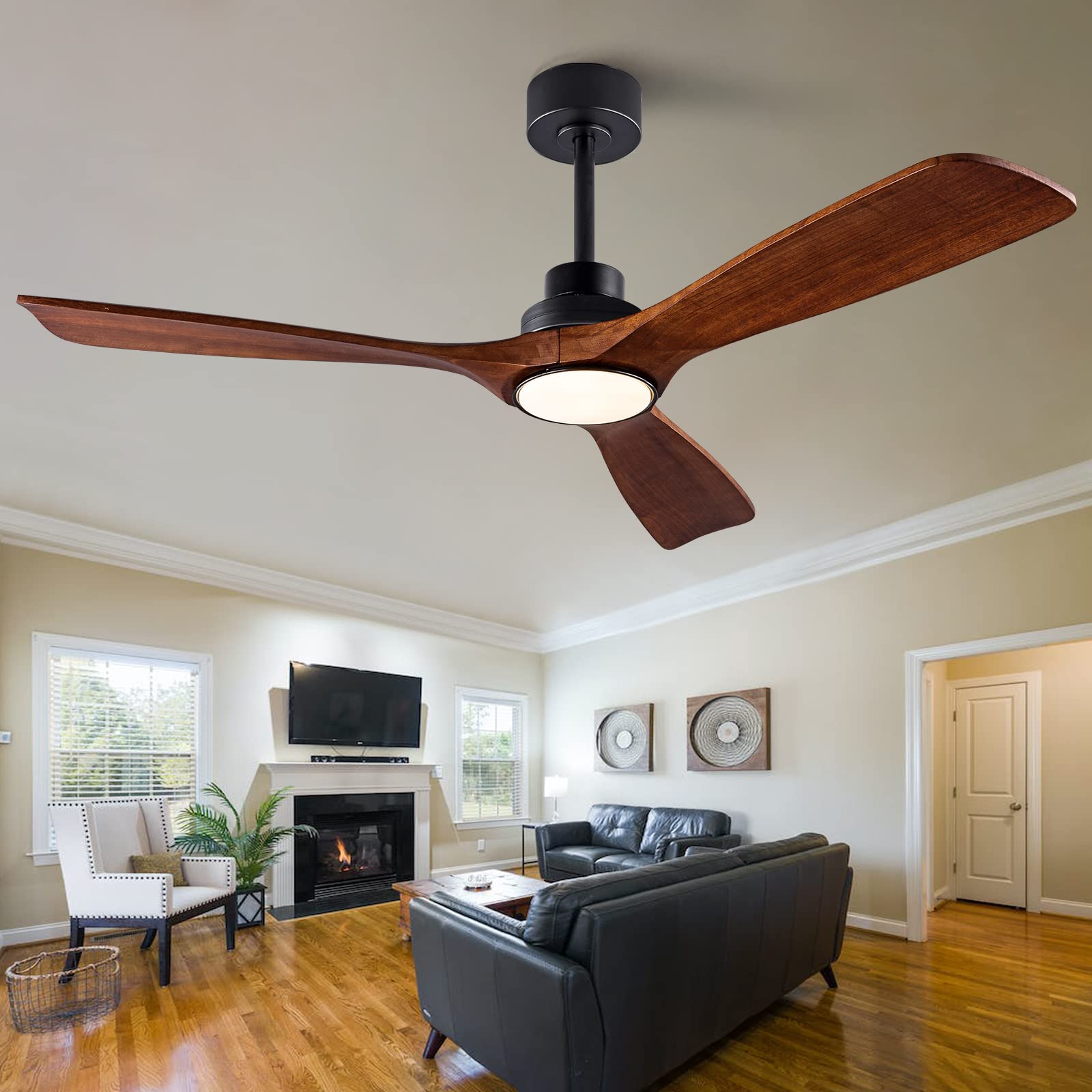 Photo 1 of QUTWOB 52" Wood Ceiling Fan with Lights Remote Control,Quiet DC Motor 3 Blade Ceiling Fans for Patio Living Room, Bedroom, Office,Indoor Outdoor(Black+Dark Walnut)