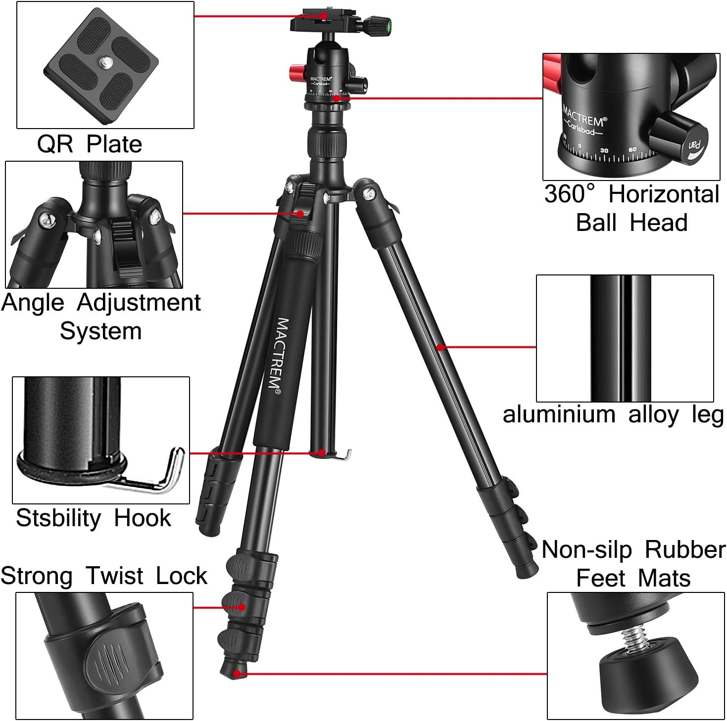 MACTREM Professional Camera Tripod with Phone Mount, 62" DSLR Tripod for Travel, Super Lightweight and Reliable Stability, Ball Head Tripod Detachable Monopod with Carry Bag (Black) : Camera & Photo