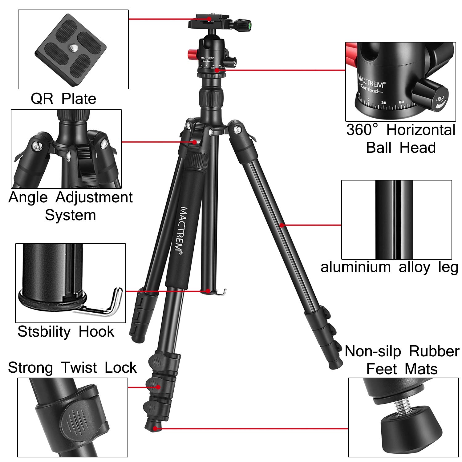 MACTREM Professional Camera Tripod with Phone Mount, 62" DSLR Tripod