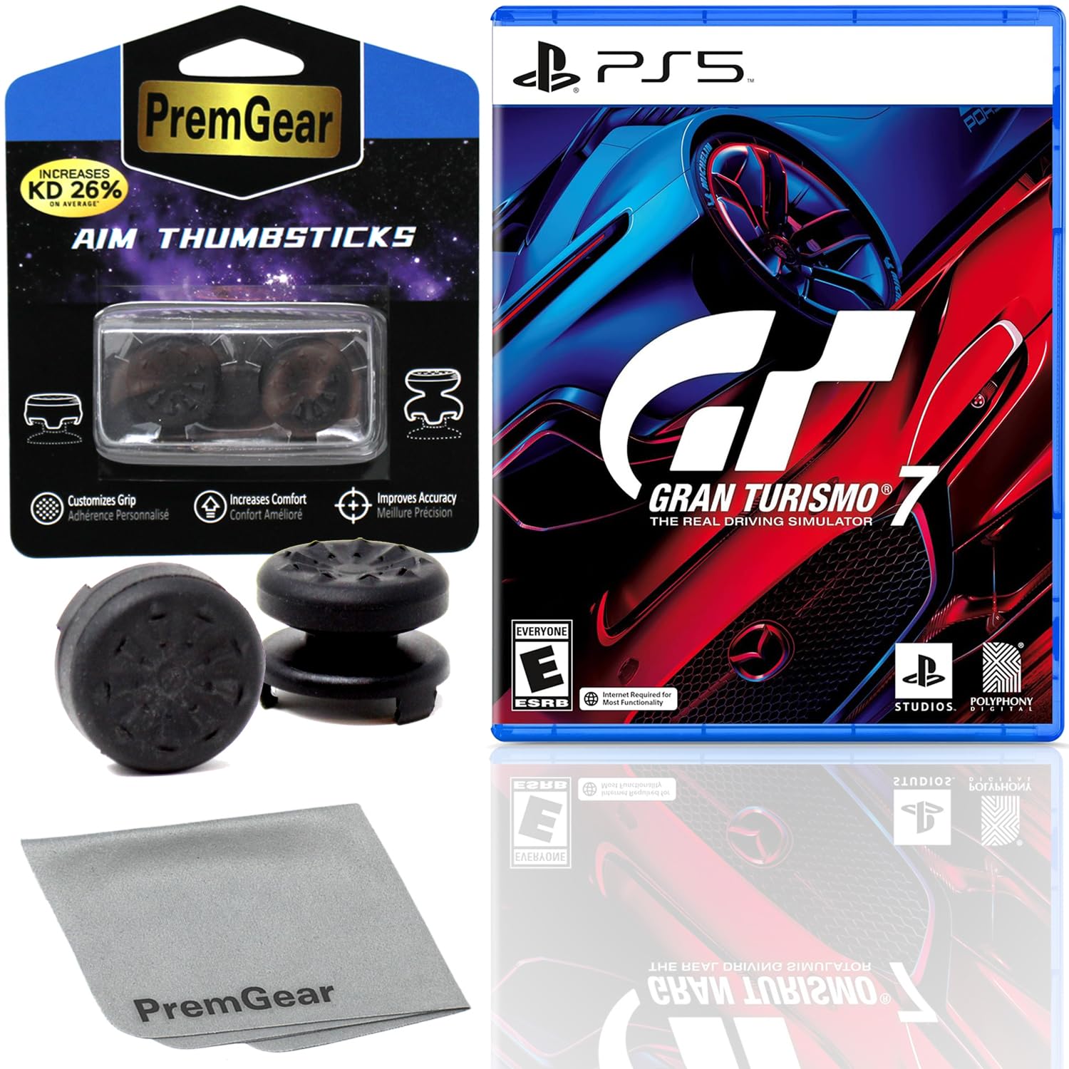 Gran Turismo 7 Standard Edition for PlayStation 5 (US Version), with PremGear ThumbSticks (2 pack: 1 High-Rise, 1 Mid-Rise) & Cleaning Cloth