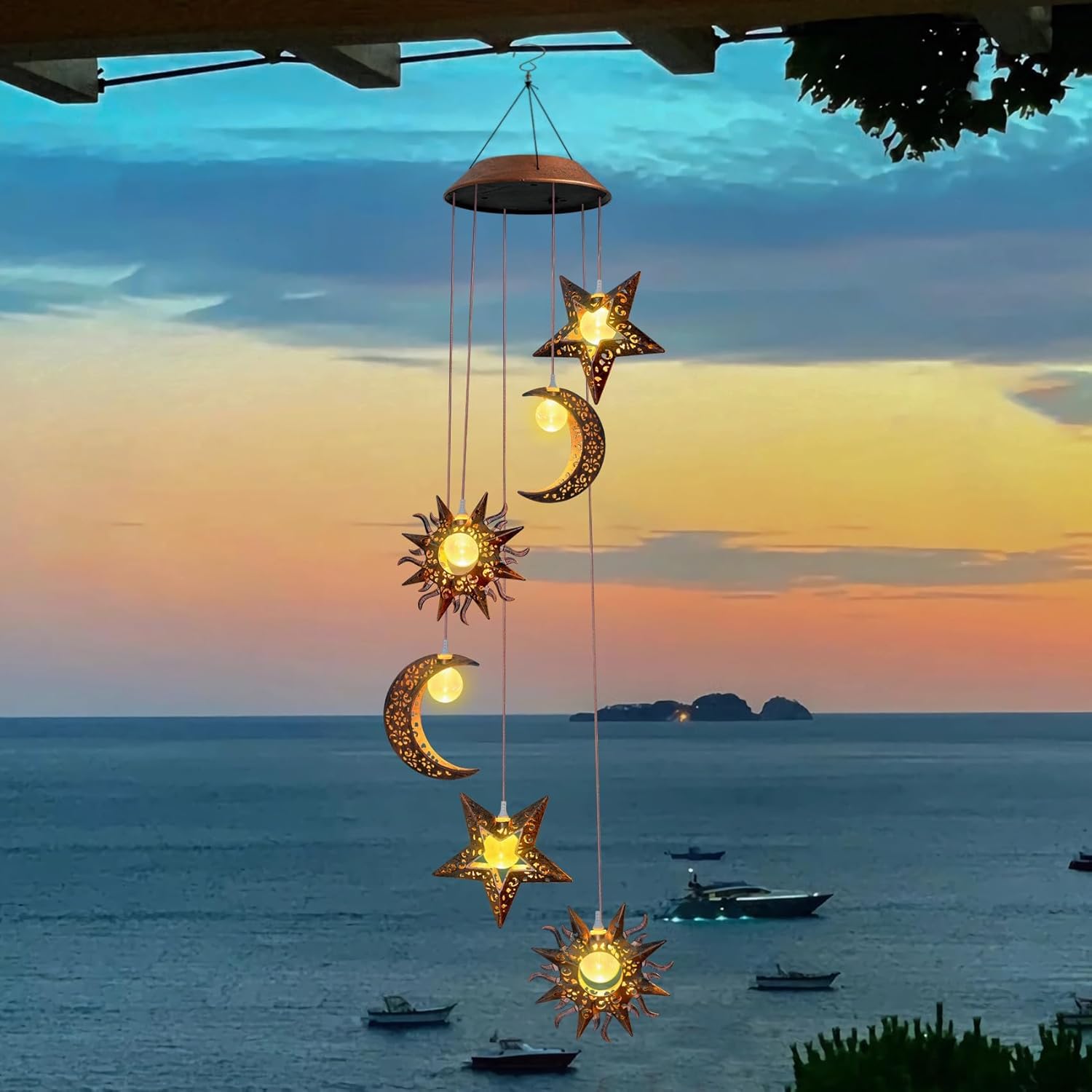 Photo 1 of Solar Wind Chimes for Outdoor Lights Sun Moon Star Mom Wife Hanging Decor Outdoor Sympathy Wind Chimes for Garden Patio Balcony Birthday Womens Gifts